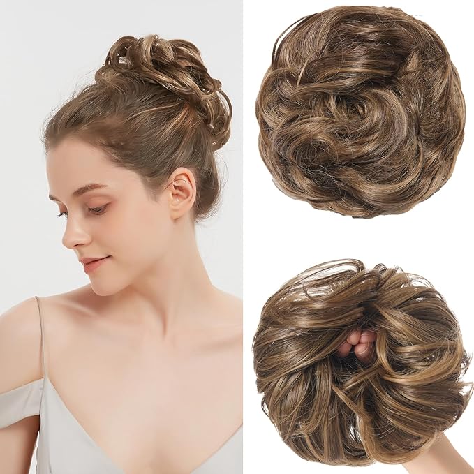 Large Messy Bun Hair Piece Curly Synthetic Extensions Scrunchies Fake Chignon Updo Hairpieces for Women Beige Bronde Mixed Chestnut Brown