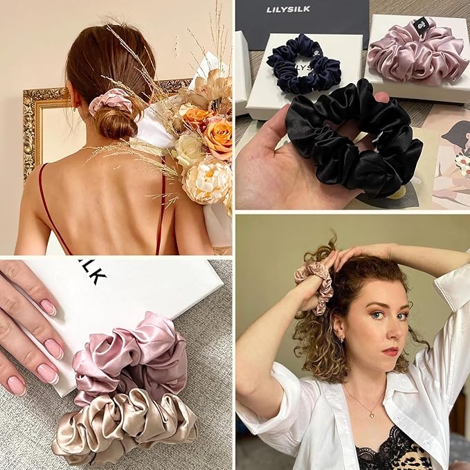 LILYSILK 5PC Silk Hair Scrunchies/Ties for Frizz & Breakage Prevention, 100% Mulberry, No Damage, Elastic ponytail Holders, Fixed Color, Black+Light Coffee+Rosy Pink+Ivory+Navy Blue