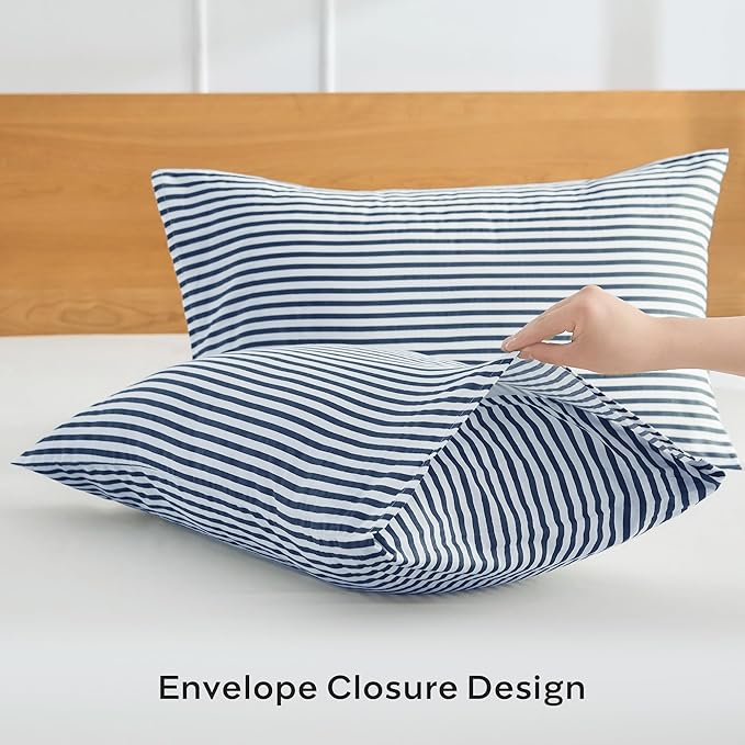 JELLYMONI 100% Natural Cotton Striped Standard Pillowcases Set, 2 Pack White and Dark Blue Stripes Pattern Printed Pillow Covers with Envelope Closure(Pillows are not Included)