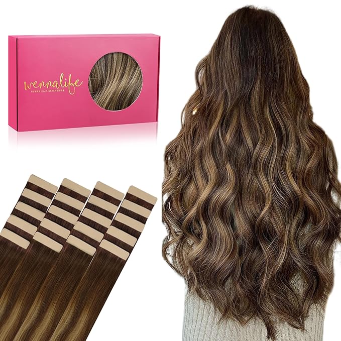 WENNALIFE Tape in Hair Extensions Human Hair, 20pcs 60g 26 inch Balayage Chocolate Brown to Caramel Blonde Remy Hair Extensions Straight Human Hair Tape in Extensions Skin Weft Tape Extensions