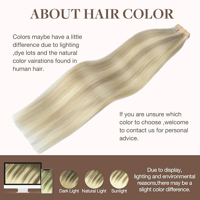 GOO GOO Tape in Hair Extensions Human Hair, 17A/60A Ash Blonde Highlighted Platinum Blonde, 16inch 50g 20pcs, Skin Weft Seamless Invisible, Silky Straight with Thick Ends, Remy Human Hair