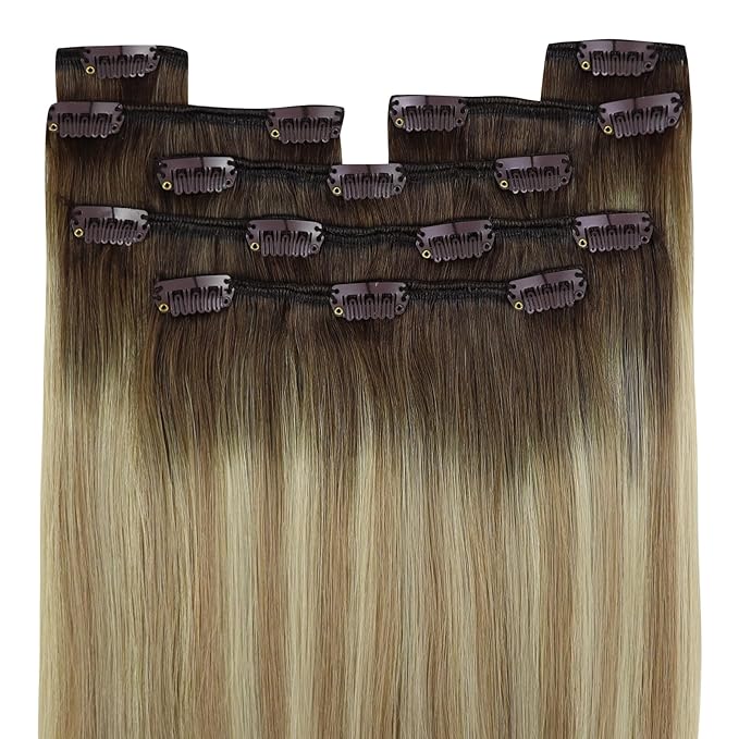YoungSee Human Hair Clip in Extensions Balayage Clip in Human Hair Extension Walnut Brown Ombre Light Brown with Blonde Invisible Clip in Hair Extensions 24Inch 120G 7Pcs