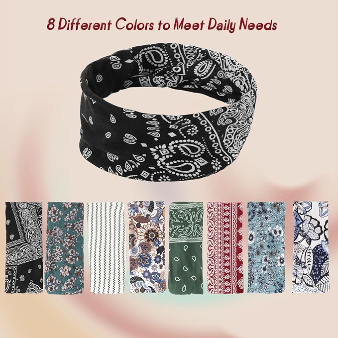 obeoby 8 Pack Headbands for Women, Boho Style Headbands Non Slip Fashion Wide Hairband Boho Outfits Accessories for Women Girls