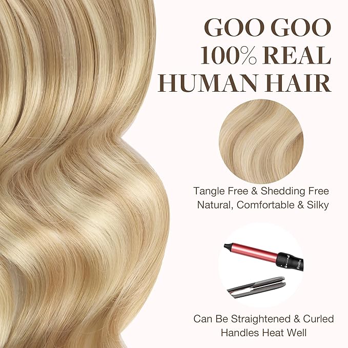 GOO GOO Tape in Hair Extensions Human Hair, 18A/613A Dark Blonde Highlighted Bleach Blonde, 14inch 100g 40pcs, Skin Weft Seamless Invisible, Silky Straight with Thick Ends, Remy Human Hair