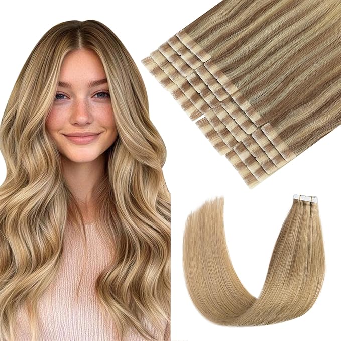 Pinkpearl Invisible Tape in Hair Extensions Human Hair, 20pcs 20inch 55g #10/27/27 Golden Brown to Caramel Blonde Injection Tape in Extensions Real Remy Seamless Human Hair Injected