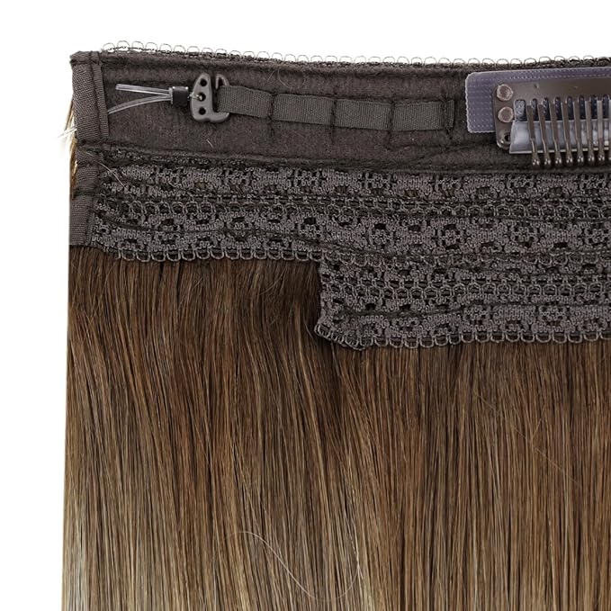 RUNATURE Invisible Wire Hair Extensions Real Human Hair Brown Balayage, 16 Inch 80g One Piece，Soft Natural Looking for Dating, Easy to Install #3/8/22 Walnut Brown to Light Brown with Blonde