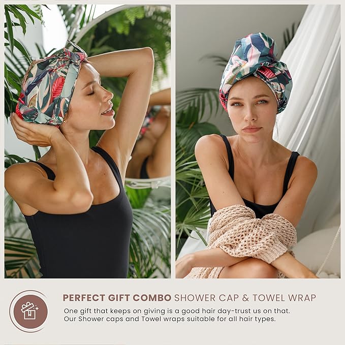 Reusable Shower Cap for Women Reusable Waterproof – Leakproof, Nonslip Hair Cap for Shower Flexiband – Soft, Breathable, Durable Christmas Shower Caps by SMPL OBJECTS (Tropical)