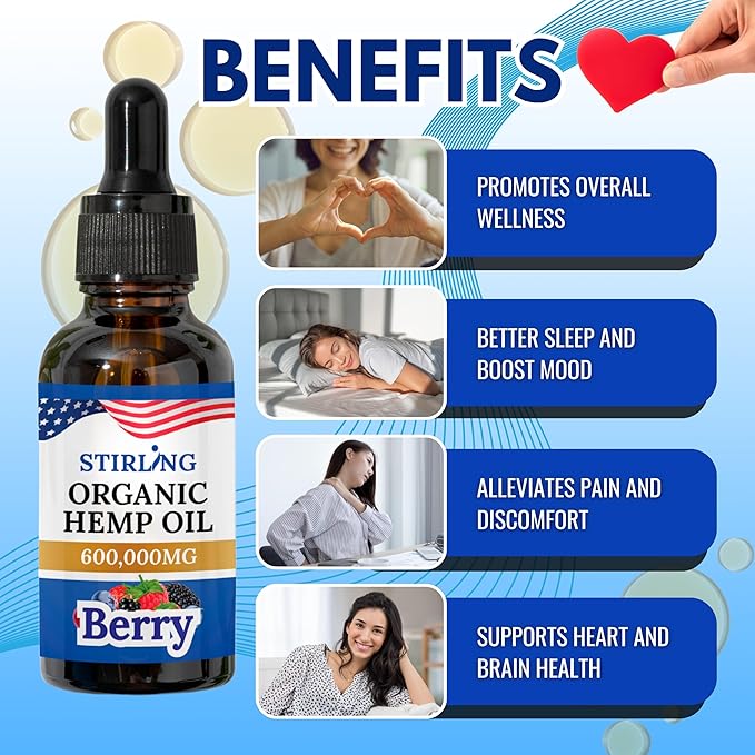 STIRLING Organic Hemp Oil - 600,000mg Natural Berry Flavor - Enhances Sleep and Helps Reduce Discomfort - THC-Free, Non-GMO, Gluten-Free, High in Omega 3 6 9 - Premium U.S. Hemp Seed Oil