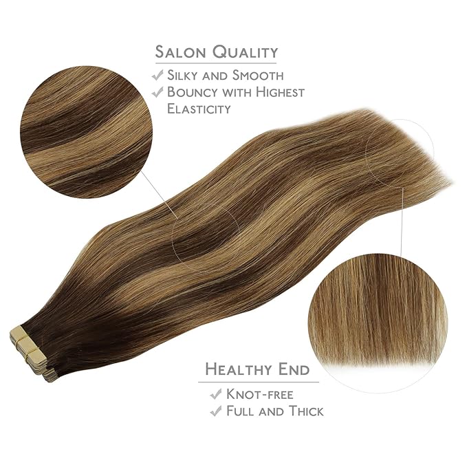 WENNALIFE Tape in Hair Extensions Human Hair, 20pcs 60g 26 inch Balayage Chocolate Brown to Caramel Blonde Remy Hair Extensions Straight Human Hair Tape in Extensions Skin Weft Tape Extensions