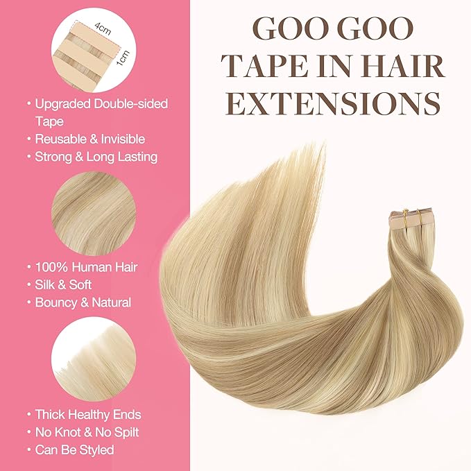 GOO GOO Tape in Hair Extensions Human Hair, 18A/613A Dark Blonde Highlighted Bleach Blonde, 16inch 50g 20pcs, Skin Weft Seamless Invisible, Silky Straight with Thick Ends, Remy Human Hair