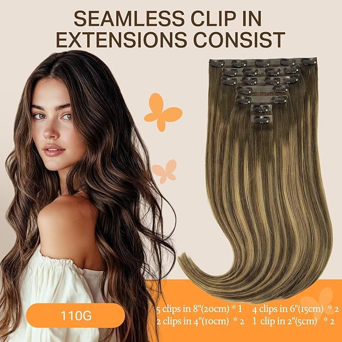 DOORES Seamless Clip in Hair Extensions Real Human Hair, Chocolate Brown to Caramel Blonde 18 Inch 110g 7pcs, Extensions Skin Weft Remy Straight Invisi Edge Weft