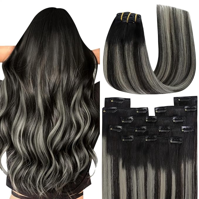 YoungSee Clip in Human Hair Extensions Black Silver Human Hair Clip in Extensions Natural Black Roots to Silver Hair Extensions Clip ins for Short Hair 12Inch 85G 7Pcs
