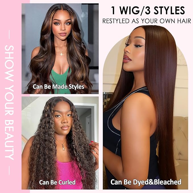 32 Inch Highlight Ombre Lace Front Wig Human Hair Straight Wigs Human Hair 13x4 Pre Plucked 1B/30 Black with Brown Highlight Wig 200% Density Colored Glueless Wigs for Women