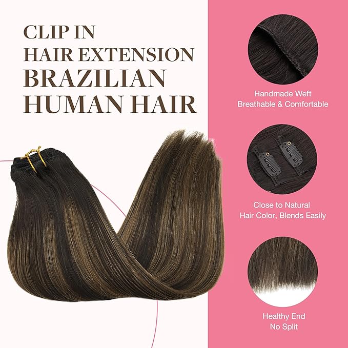 GOO GOO Clip in Hair Extensions Real Human Hair, Remy Human Hair Extensions Clip ins for Women, Natural Human Hair, 18inch 150g 9Pcs, 2/6/2 Balayage Dark Brown to Chestnut Brown
