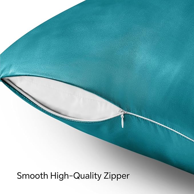 BEDELITE Satin Pillowcase with Zipper 2 Pack, Teal Pillow Cases Standard Size, Super Soft and Cooling Similar to Silk Pillow Cases, Gift for Women Men(20x26 Inches)