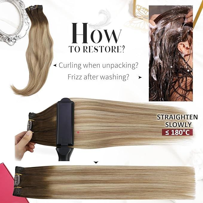 Moresoo Clip in Hair Extensions Remy Double Weft Human Hair Clip in Extensions Balayage Straight Hair Extensions for Women Ombre Brown to Light Brown with Blonde 5pcs 80g 12inch