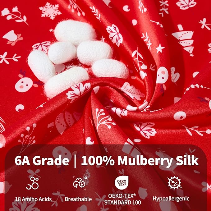 THXSILK Christmas Style 6A+ Grade Mulberry Silk Pillowcase for Hair and Skin, 22 Momme 100% Pure Silk Pillow Case with Hidden Zipper, Christmas Holly Printed Pillow Cover, Red， Queen