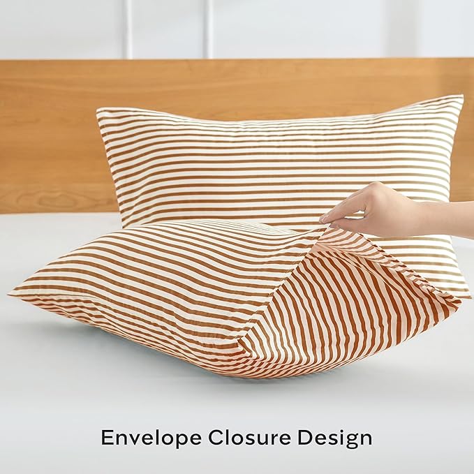 JELLYMONI 100% Natural Cotton Striped Queen Pillowcases Set, 2 Pack White and Rust Stripes Pattern Printed Pillow Covers with Envelope Closure(Pillows are not Included)