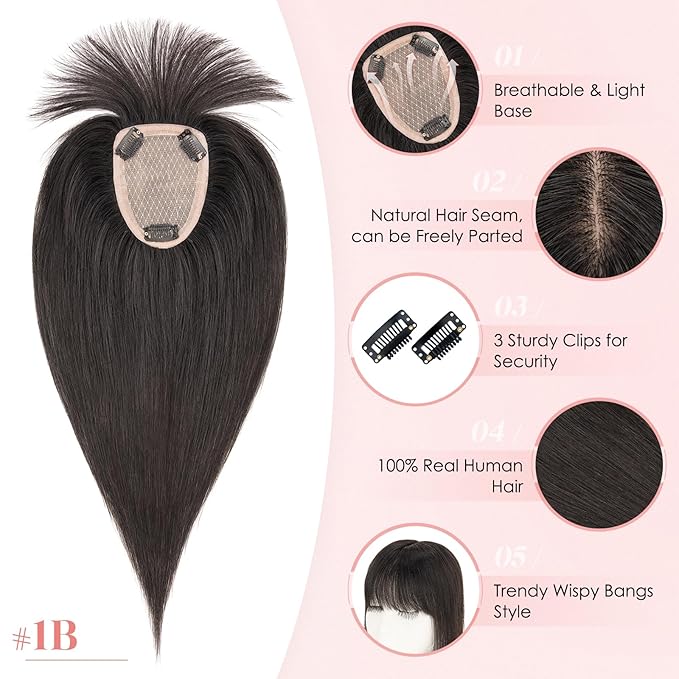 Hairro Human Hair Toppers with Wispy Bangs, 3.5x4.7" Hand-wovened Base for Women with Thinning Hair, Lightweight & Breathable Realistic Scalp, Clip-in Hairpieces for Easy Wear, 10 Inch Natural Black