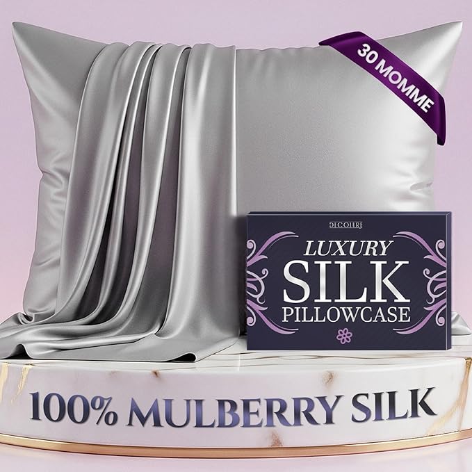 DECOLURE 100% Pure Mulberry Silk Pillow Case Queen Size – Highest Grade 30 Momme 6A+, Luxuriously Soft & Cooling Silk Pillowcase for Hair & Skin, Hypoallergenic, Breathable, Hidden Zipper (Silver)