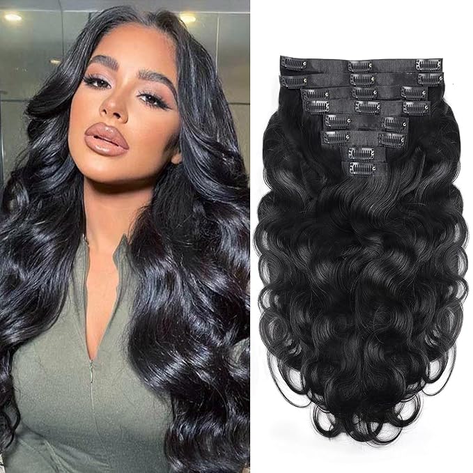 Body Wave Seamless Clip In Hair Extensions Real Human Hair Clip Ins 100% Unprocessed Human Hair Extensions 8pcs with 18Clips Per Set 120g(20inch,Natural Black)