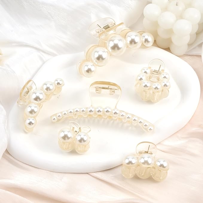 Pearl Hair Accessories for Women - 6PCS Claw Clips for Thick and Thin Hair, Barrettes for Styling and Weddings