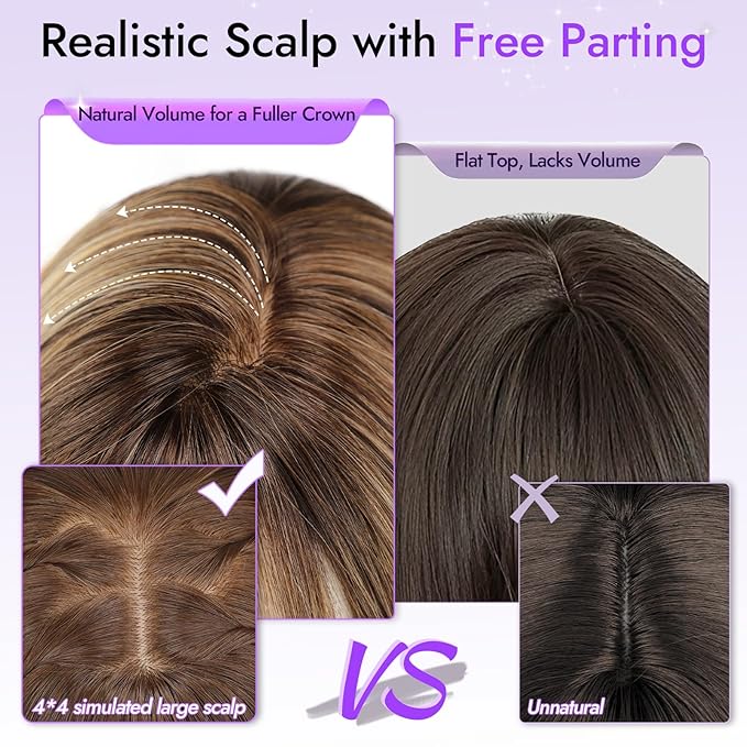 Wig with Bangs for Women Brown Blonde Highlight Straight Face-Framing Layers Hairstyle 4x4 Realistic Scalp Glueless Synthetic Wigs Medium Length for Everyday Use