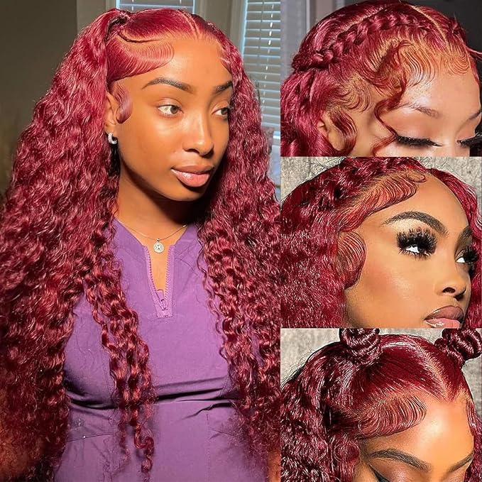 26 Inch Burgundy Lace Front Wigs Human Hair 13x6 Deep Wave HD Lace Front Burgundy Curly Frontal Wigs Human Hair Pre Plucked 200 Density