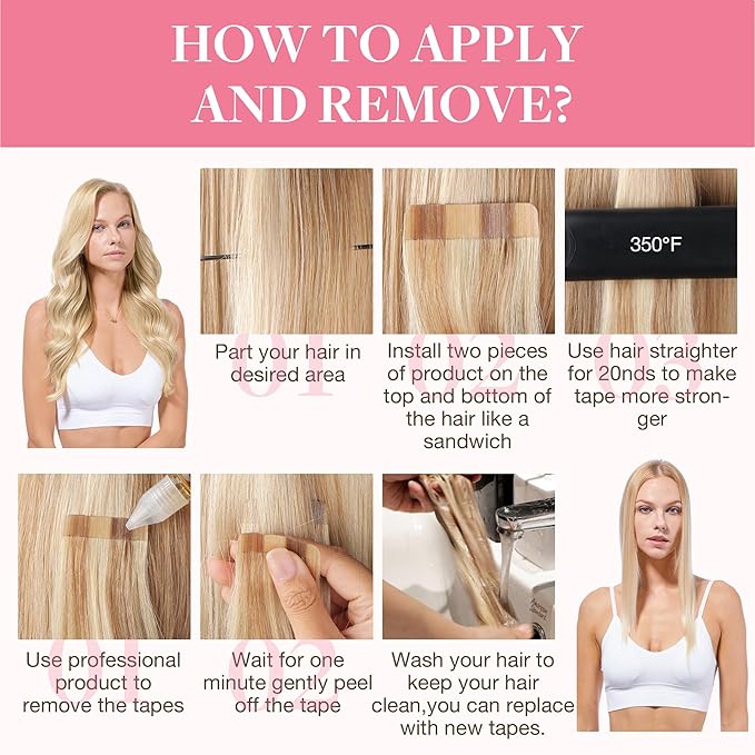 GOO GOO Tape in Hair Extensions Human Hair, 18ET90A Natural Blonde Balayage, 24inch 30g 10pcs, Skin Weft Seamless Invisible, Silky Straight with Thick Ends, Remy Human Hair