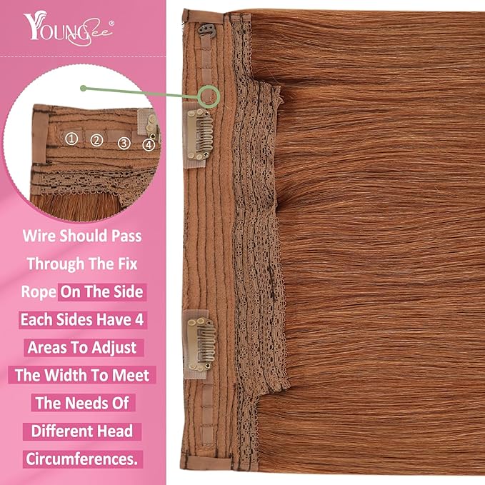YoungSee Wire Hair Extensions Human Hair Copper Hair Extensions Invisible Wire for Women Short Straight Headband Hair Extension 70g 12inch