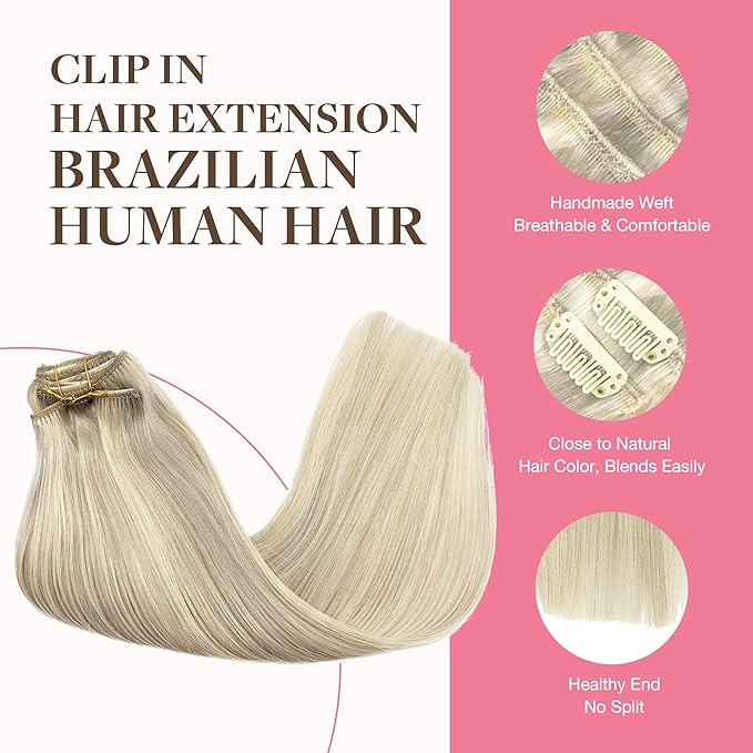 GOO GOO Clip in Hair Extensions Real Human Hair, Remy Human Hair Extensions Clip ins for Women, Natural Human Hair, 16inch 150g 9Pcs, 17A/60A Ash Blonde Highlighted Platinum Blonde