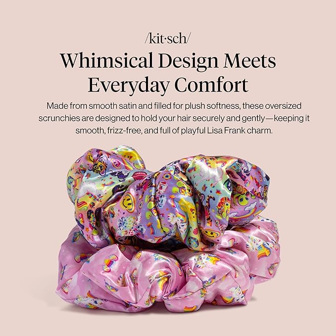 Lisa Frank x Kitsch Pillow Satin Scrunchies for Women - Hair Ties No Damage, No Crease Hair Accessories | for Day or Night Use | Ideal Gifts for Women - 2pcs