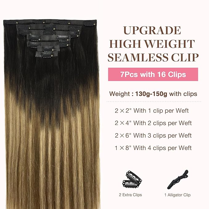 GOO GOO Clip in Hair Extensions Real Human Hair, Remy Human Hair Extensions Clip ins for Women, Natural Human Hair, 16inch 130g 7Pcs, 2/6/18 Balayage Brown to Dirty Blonde