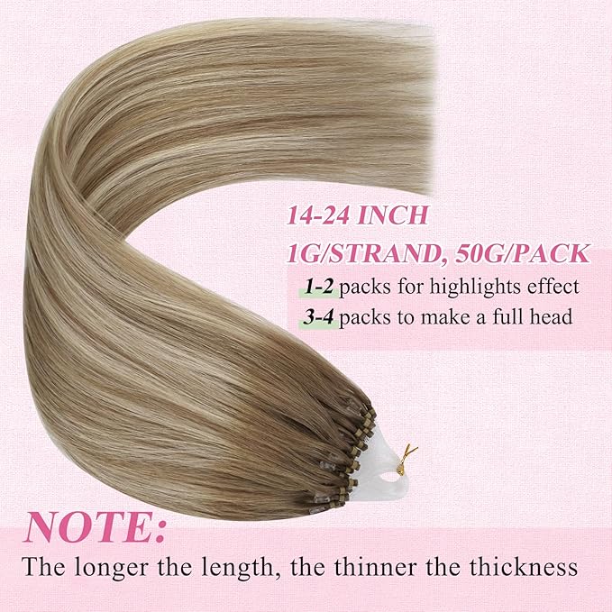 YoungSee Micro Bead Hair Extensions Real Human Hair Ombre Micro Loop Hair Extensions Real Human Hair Balayage Brown Micro-Ring Hair Extension Light Brown Balayage Blonde 16In 50s 50g