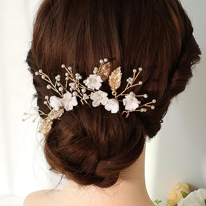 Handmade 6 Piece Flower Wedding Hair Accessories Elegant Bridal Hair Pins with Adorable Flowers Sparkling Rhinestone Gold Leaves and Pearl Accents for Women Brides and Bridesmaids (Gold)