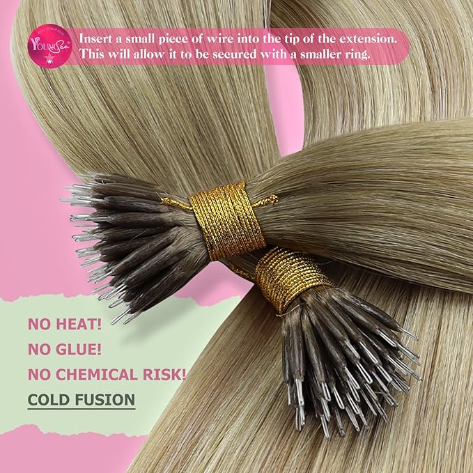 YoungSee Nano Ring Hair Extensions Human Hair Ombre Blonde Nano Beads Real Hair Extensions Balayage Ash Blonde Ombre Platinum Blond Nano-Link Hair Extension Real Human Hair Balayage 20Inch 50G 50S