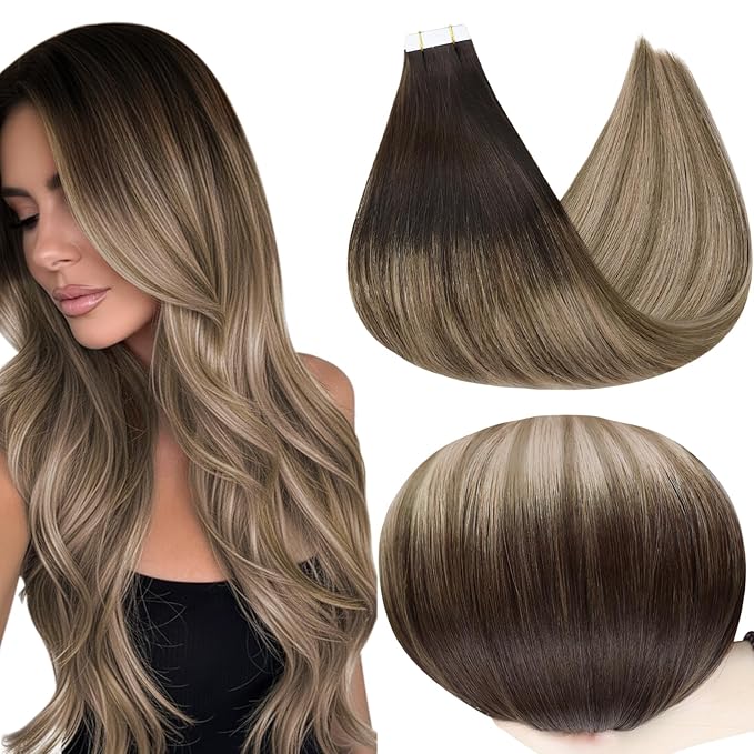 Full Shine 18Inch Tape in Hair Extensions Color 2 Ombre 6 and 18 Ash Blonde Highlighted Tape in Hair Extensions Human Hair 20Pcs 50G Invisible Skin Weft Hair Extensions Tape in Balayage Straight Hair