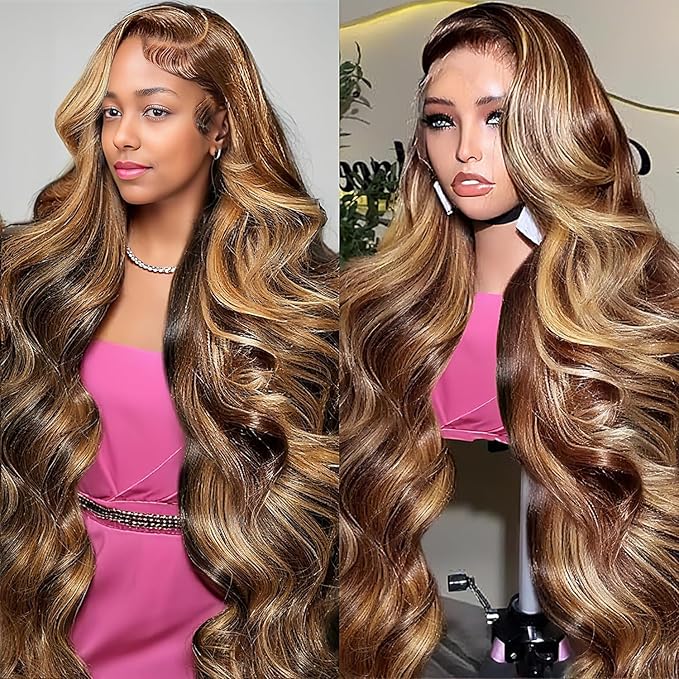 AMIRTY Highlight Ombre Lace Front Wig Human Hair 20 Inch Honey Blonde Body Wave 13x4 HD Lace Front Wigs Human Hair Pre Plucked 250 Density Brown 4/27 Colored Lace Frontal Glueless Wigs for Women