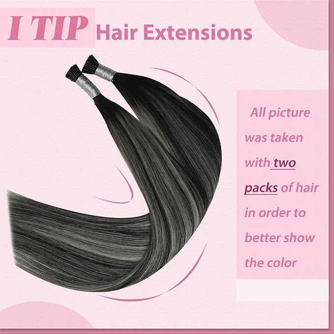 YoungSee Itip Human Hair Extensions Ombre Black 22 Inch I Tip Extensions Silver with Black Balayage Itip Extension Human Hair Pre Bonded Hair Extension Itips Hair Extension Long Hair 50s 50g