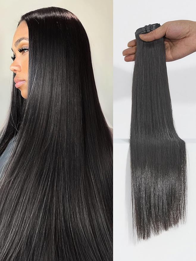 LUVME Silky Straight Seamless 110g 7Pcs Clip in Hair Extensions Full Max with 20inch Remy Human Hair Extensions, Natural Black 100% Real Soft Human Hair