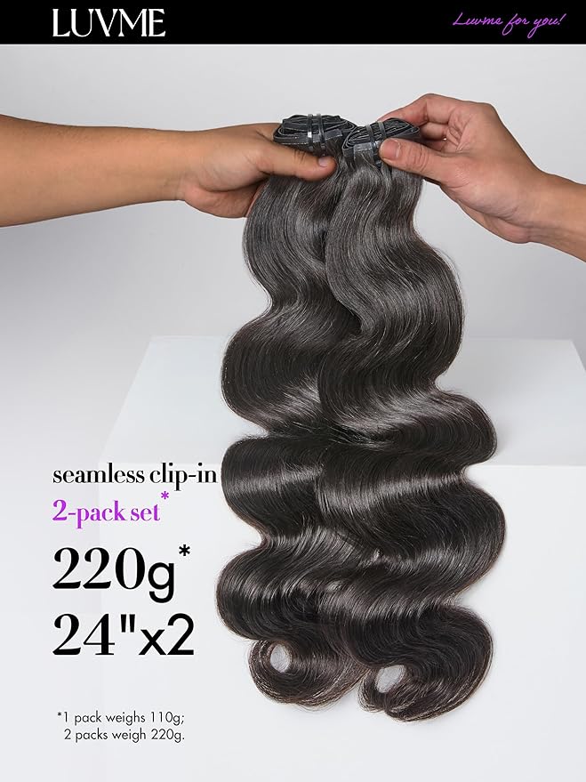 LUVME Body Wave Seamless 2 Pack 220g 14Pcs Clip in Hair Extensions Full Max with 16inch Remy Human Hair Extensions, Natural Black 100% Real Soft Hair