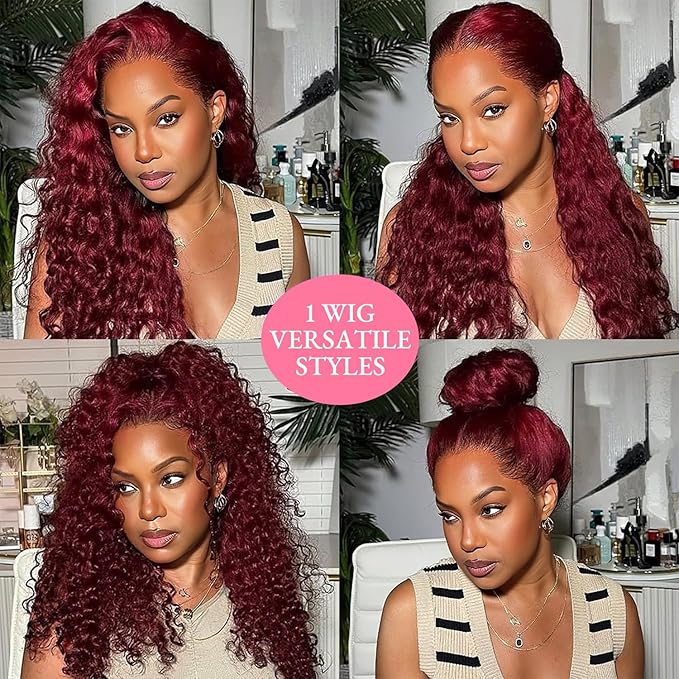 250 Density Hidden Strap Water Wave 360 99j Burgundy Glueless Wigs Human Hair Pre Plucked Pre Bleached Human Hair Wig With Drawstring Wet and Wavy HD Full Lace Front Wigs Human Hair 28 Inch