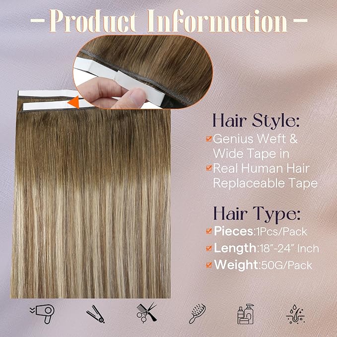 Full Shine Genius Weft Hair Extensions Human hair 18Inch Color 3 Dark Brown Ombre 8 Ash Brown And 22 Blonde Tape in Weft Hair Extensions 50G One Piece Long Weft Tape in Extensions for Daily Look