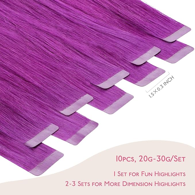 Wennalife Purple Tape in Hair Extensions, 10pcs 30g 26 inch Remy Invisible Tape Ins Straight Colored Soft Real Human Hair Tape in Extensions Refill Set Extensions