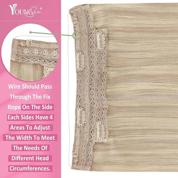 YoungSee Wire Hair Extensions Blonde Wire Hair Extensions Real Human Hair Ash Blond with Bleach Blonde Highlights Fish Line Hair Extension Real Human Hair for Women 14inch 80Gram