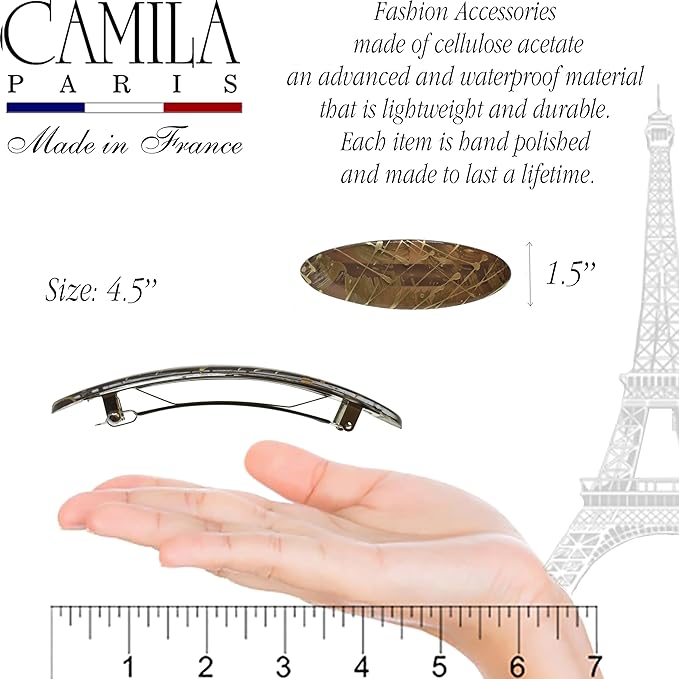 Camila Paris CP3872 French Hair Barrette Clip Oval Ligth Brown and Gold, Strong Hold Grip Hair Clips for Women, No Slip Rubberized Metal Closure, Durable Styling Girls Hair Accessories, Made in France