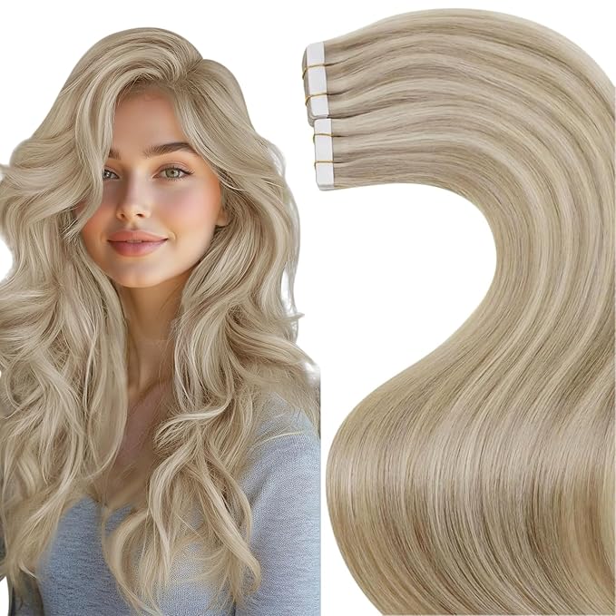 LaaVoo Tape in Hair Extensions Human Hair Dark Ash Blonde Highlighted with Light Blonde Hair Extensions Tape in Real Hair Tape on Hair Extension Silky Straight Hair 14inch 20pcs 50g