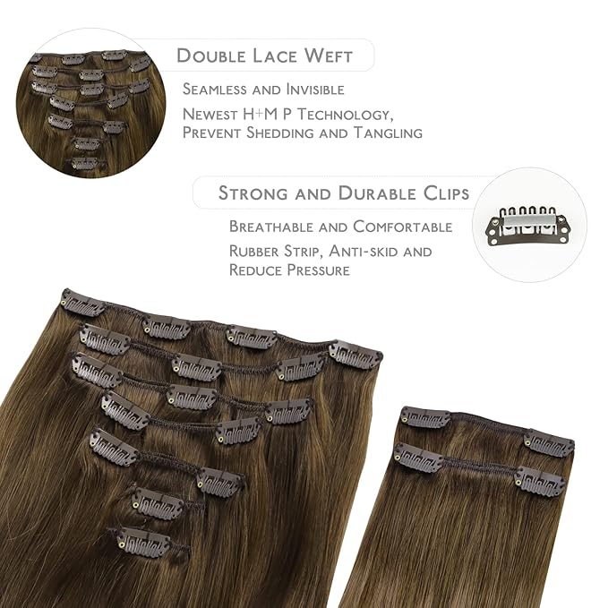 WENNALIFE Clip in Hair Extensions, 150g 22 Inch 9pcs Ombre Walnut Brown to Ash Brown and Bleach Blonde Human Hair Extensions Thicker Clip in Hair Extensions Real Human Hair Clip Set Double Weft