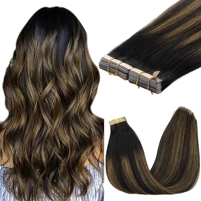 GOO GOO Tape in Hair Extensions Human Hair, 1B/6/1B Balayage Natural Black to Chestnut Brown, 20inch 100g 40pcs, Skin Weft Seamless Invisible, Silky Straight with Thick Ends, Remy Human Hair
