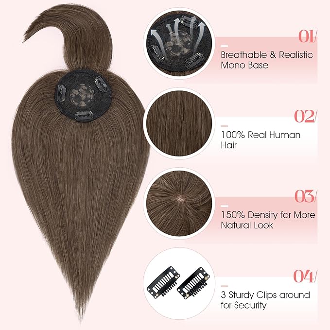 Hairro Mono Hair Toppers with Bangs, 3.4" x 3.4" Mono Base 100% Real Human Hairpieces for Women, 150% Density Clips In Topper for Greyish Thinning Hair, 10 Inch Cocoa Brown